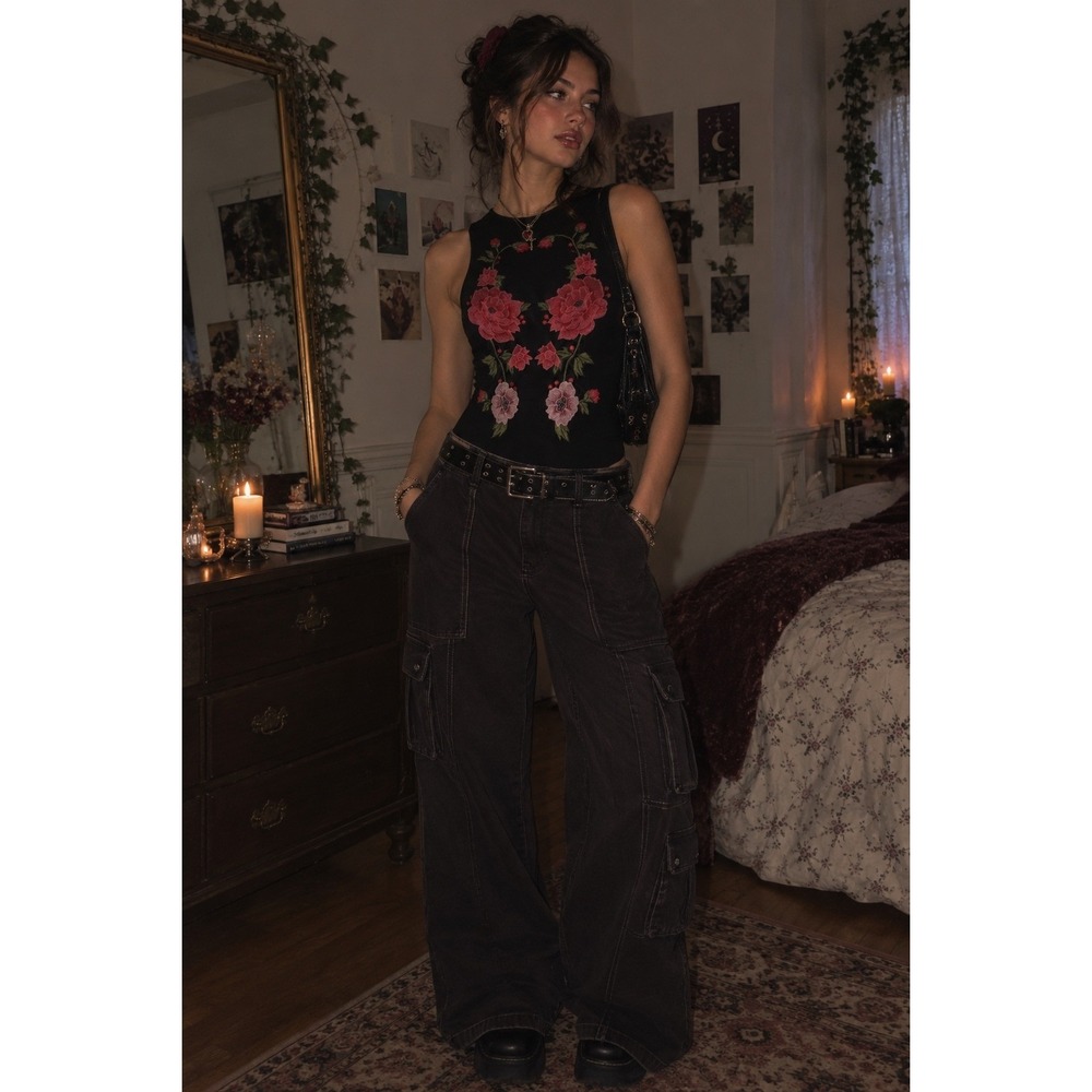 Haute Monde Mesh Bodysuit Women's Small Black Floral Whimsigoth Festival Witchy